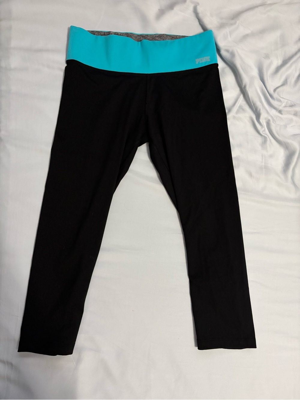 PINK Victoria's Secret Black Capri Leggings with Teal Waistband